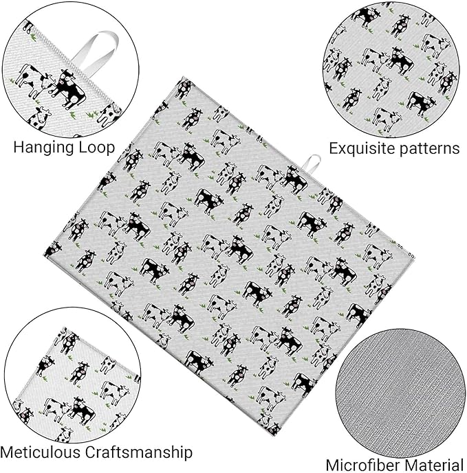 Dish Drying Mat For Kitchen Counter, Cute Cows Microfiber Absorbent Dish Drainer Rack Pad Reusable Large 18x24in Drying Mat