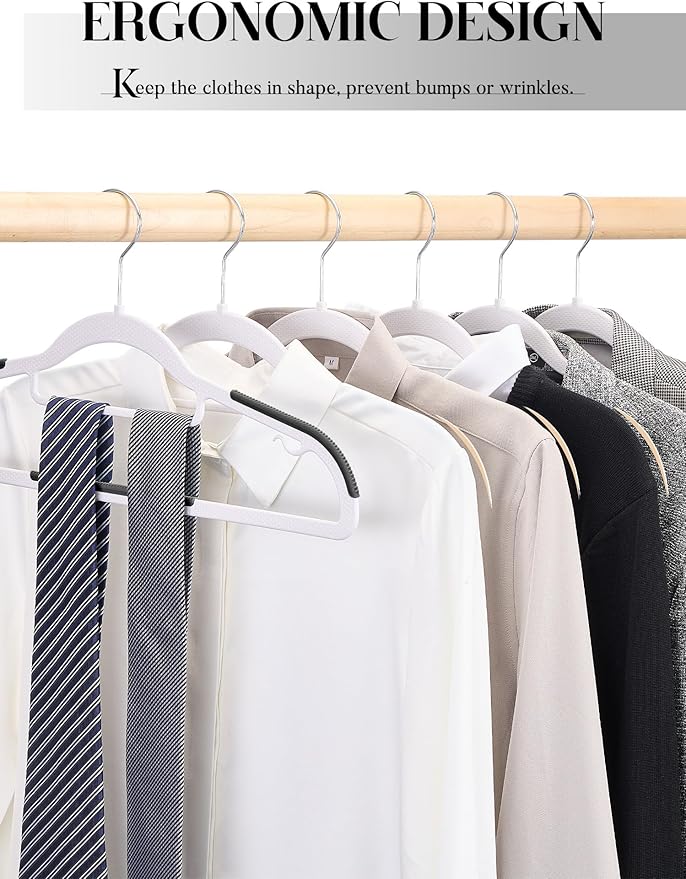 HOUSE DAY Plastic Hangers 50 Pack, Plastic Clothes Hangers Non Slip with Rubber Grip, Heavy Duty Coat Hanger with 360º Swivel Hook, Ultra Thin Hanger Space Saving Closet Organizer - White and Black