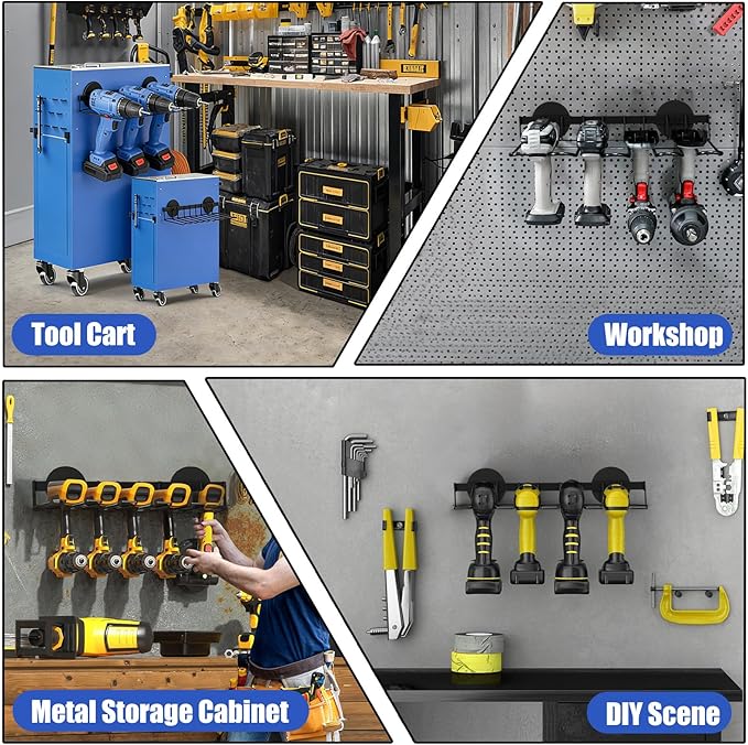 Rukinovi Magnetic Power Tool Organizer Wall Mount - Heavy Duty Drill & Screwdriver Holder with No Drilling Installation, Removable Steel Rack for Garage Workshop, Holds 4 Drills 9 Screwdrivers