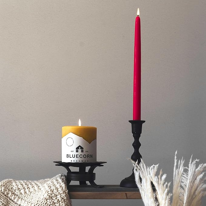 Bluecorn Beeswax Taper Candles, 100% Pure Natural Bees Wax, 12 Inch Pair, Red Candlesticks, Unscented, Clean Burning & Dripless, Long Lasting, Thanksgiving & Christmas Decor, American Made, 1 Count