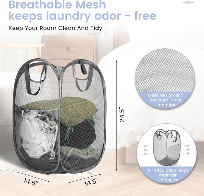 HOUSE AGAIN Mesh Popup Laundry Hamper, [Reinforced] Collapsible Laundry Basket, Foldable Pop Up Hamper with Durable Handles, Easy to Open and Fold for Dorm, Laundry Room, Bedroom, RV, (Grey）