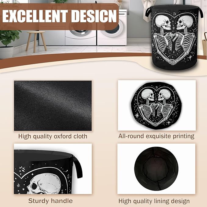 Halloween Funny Skeleton Laundry Basket,Waterproof Foldable Cute Skull Heart Laundry Hamper,Dirty Clothes Basket, Linen Bin Storage Organizer Collection 16" x 20.8"