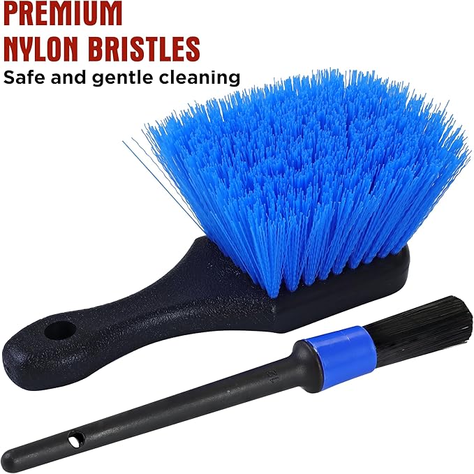 TAKAVU Short Handle Wheel Tire Brush & Included Detail Brush - Car Cleaning Kit for Rims, Tires, Interior Vents, Emblems - Scratch-Safe (Blue - Stiff Bristle)