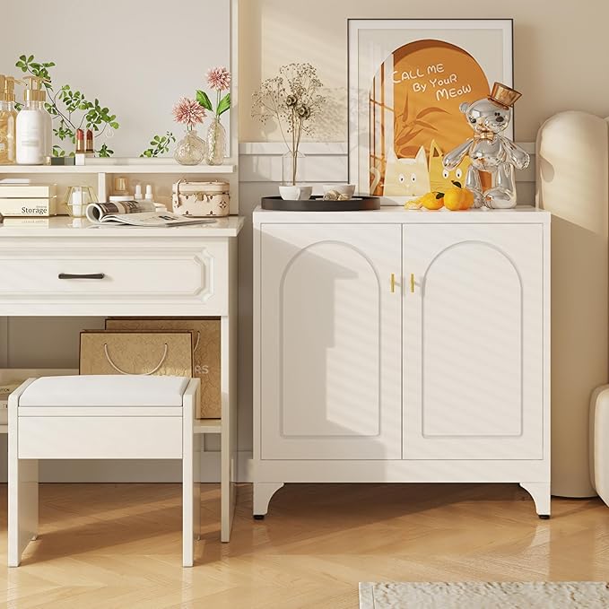 Metal Storage Cabinet with 2 Doors, 33" H White Sideboard Cabinet, Small Kitchen Pantry with Adjustable Shelf, Coffee Bar Cabinets, Storage Cabinets for Kitchen, Bedroom, Living Room, Office