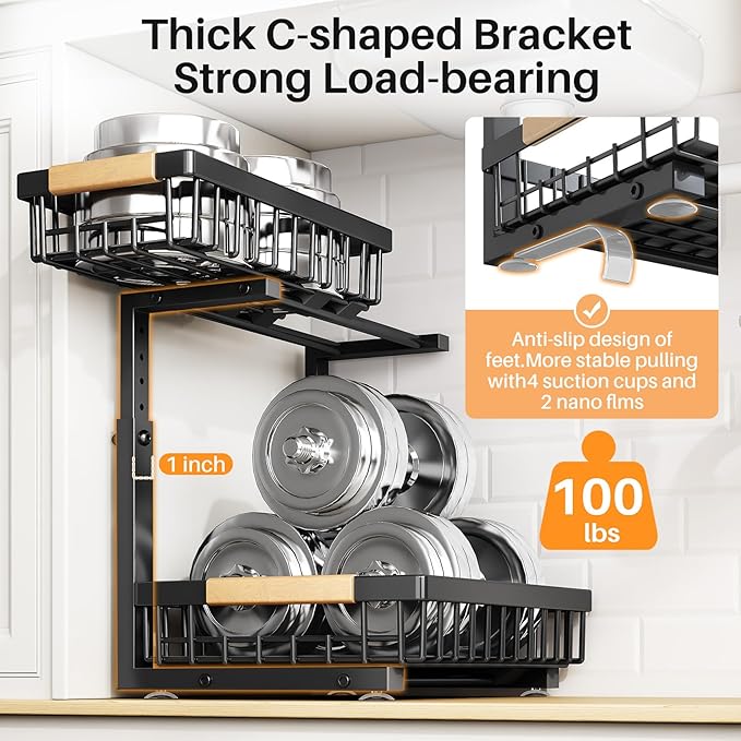 PXRACK(Small Version)2 Pack Under Sink Organizer,Adjustable Height,2 Tier Pull Out Under Cabinet Organizer,Slide Out Thickened Metal Storage Shelf for Kitchen Bathroom Laundry Pantry Cabinet,Black