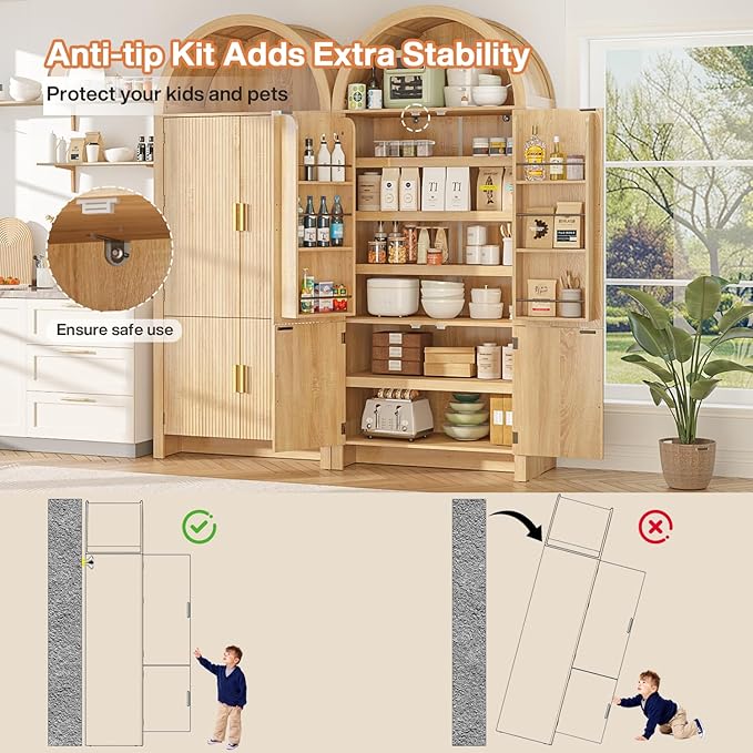 71" Tall Arched Pantry Cabinet, Arched Fluted Kitchen Storage Cabinet with Doors and Adjustable Shelves, Modern Natural Wood Cupboard Organizer for Kitchen, Dining Room, Living Room