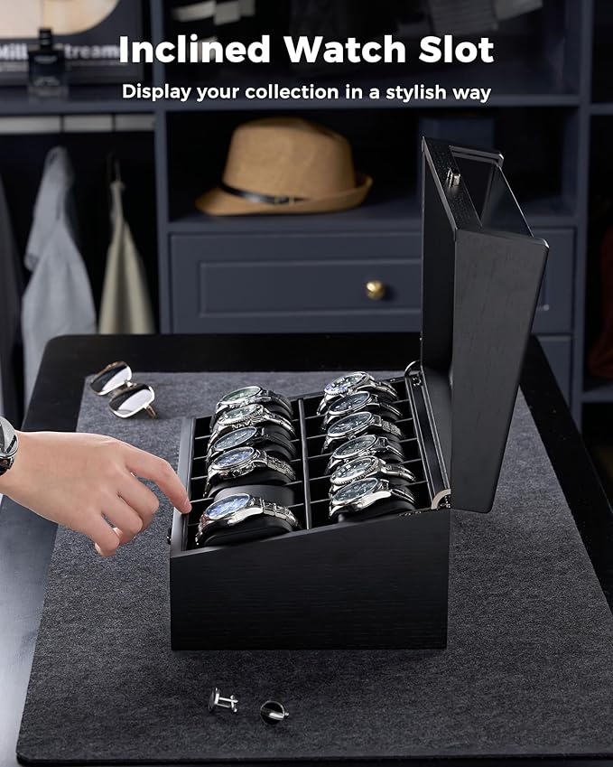 ProCase Wooden Watch Box for Men, Wood Watch Display Case Men's Jewelry Organizer Box with Drawer -12 Slot, Black