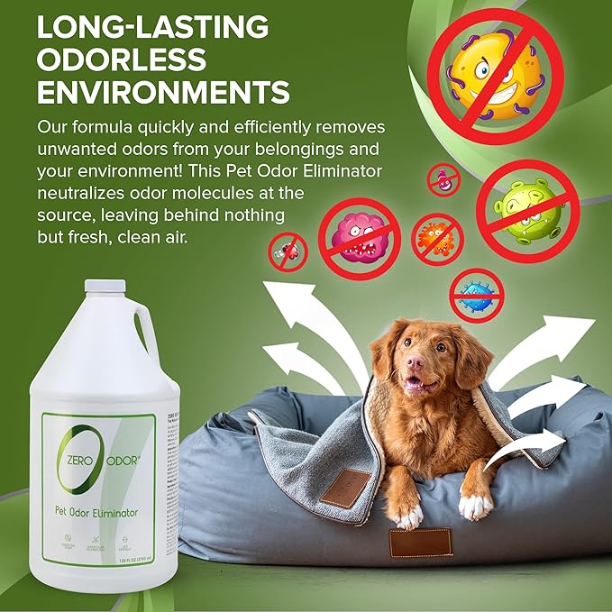 Zero Odor - Pet Odor Eliminator for strong odor, Eliminate Air & Surface Odors – Patented Molecular Technology Best For Carpet, Furniture, Beds Smell Great Again (128 Ounces)