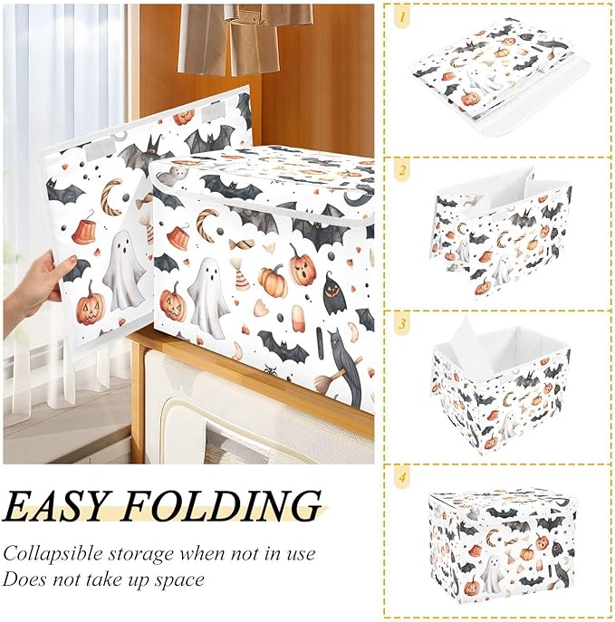 Halloween Baskets Collapsible Storage Bins with Lids, Bats Pumpkins Halloween Storage Boxes Clothes Baskets for Organizing