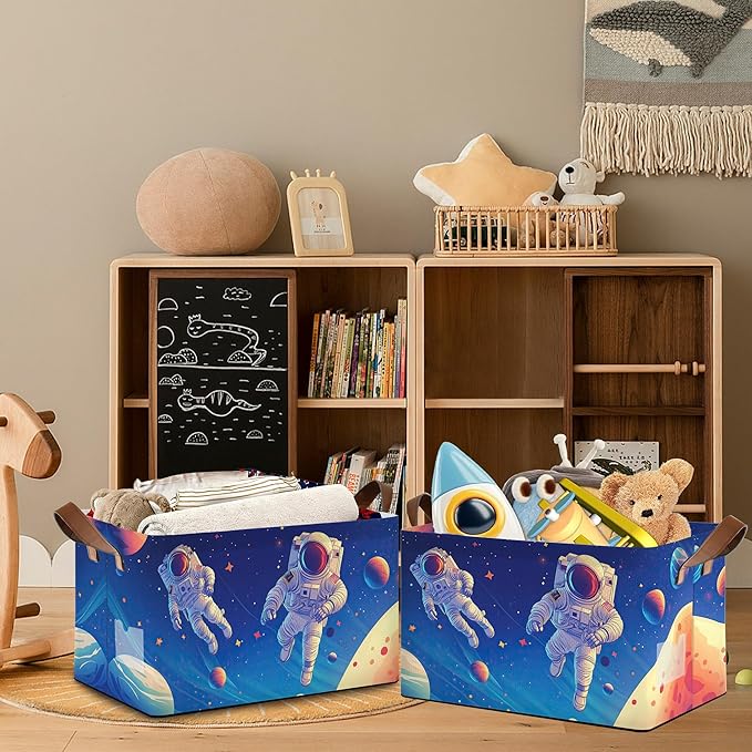 Astronaut Collapsible Storage Box,Planet Organizer Bin with Handles for Room Decoration,Bins Book Basket Box 17x11.5x10Inch