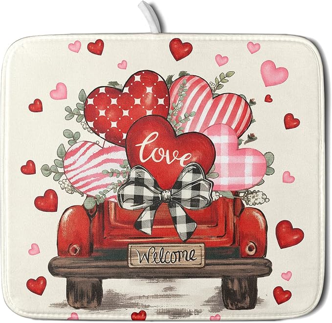Valentines Day Red Truck Dish Drying Mat for Kitchen Counter 18x16 Inch Pink Heart Drying Mat with Absorbent Reversible Microfiber Love Dish Drainer Mats Rack Pad for Coffee Countertop Protector
