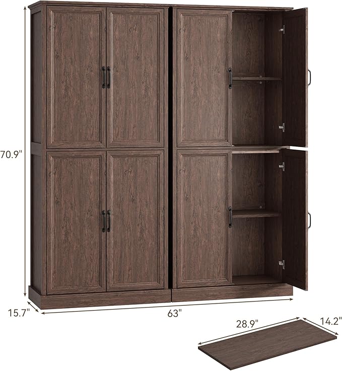 71'' Tall Pantry Cabinet Set of 2, Farmhouse Kitchen Pantry Storage Cabinet with Barn Door and Adjustable Shelves, Rustic Wood Freestanding Cupboard for Kitchen, Dining Room, Brown