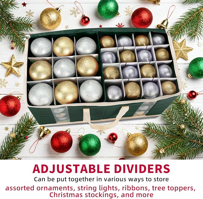 Large Christmas Ornament Storage Box With Adjustable Dividers,Ornament Storage Container with Two Handlesfor 128 Holiday Decorations,Green