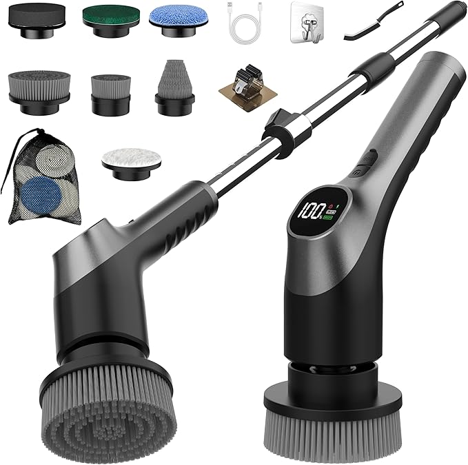 Electric Spin Scrubber, Shower Scrubber with Long Handle Adjustable LCD Display, 2 Speed Shower Cleaner, 7 Replaceable Brush Heads Bathroom Cleaning Brush, Bath Tub Power Scrubbers Black G3