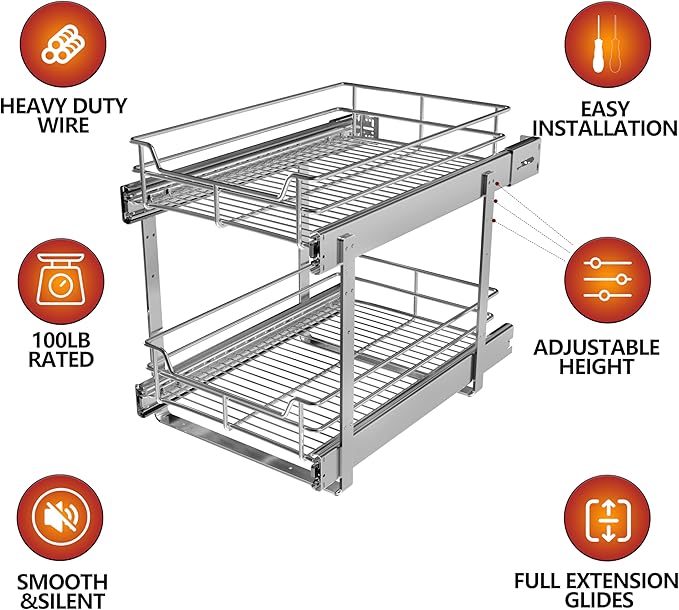 JOWBOOW 2-Tier Pull Out Cabinet Organizer (17" W x 22" D), Pull Out Shelves and Drawer for Kitchen Pantry Storage Basket, Heavy-Duty Metal Sliding Shelf, Chrome Finish