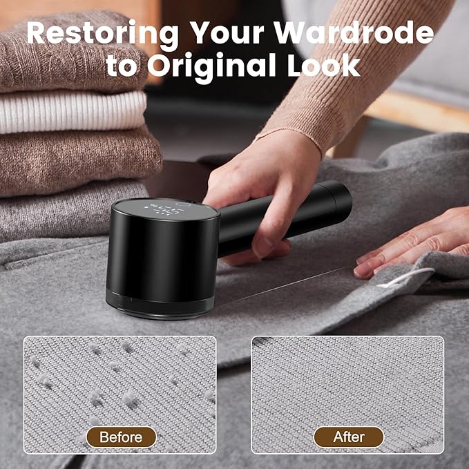 Lentorgi Fabric Shaver Electric Fuzz Remover, 2 in 1 Rechargeable Sweater Shaver with Lint Roller, Magnetic Cap, Digital Display, 2 Extra Blades, Defuzzer for Clothing Furniture Couch - Black
