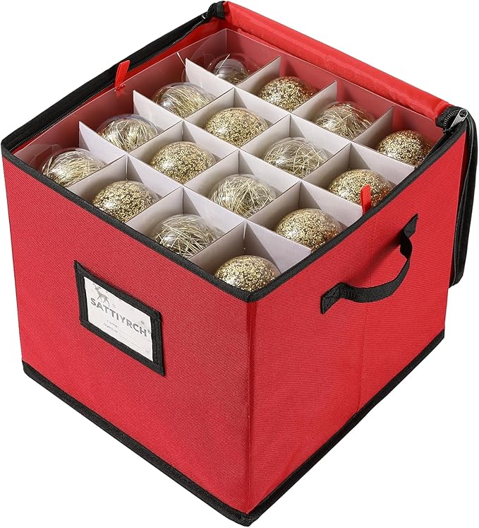 Sattiyrch Christmas Ornament Storage Box,4 Trays with Customizable Dividers,Canvas,Dust-Proof, Holds Up to 64 x 2.36 Ornaments, for Garage/Attic/Basement Storage