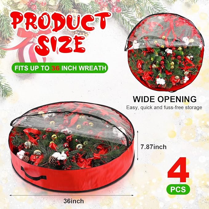 Aliceset 4 Pack Wreath Storage Containers, Christmas Ornament Garland Wreath Storage Bags with Handle Dual Zipper Large Decorative Storages Box for Winter Wreaths(36 x 36 x 7.8 Inch,Red)