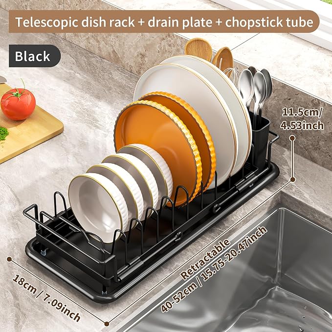 Small Sink Dish Drying Rack - Expandable Dish Rack Over Sink with Drainboard, Adjustable Dish Drainer with Utensil Holder, Compact Plate and Bowl Rack for Kitchen Counter,Black
