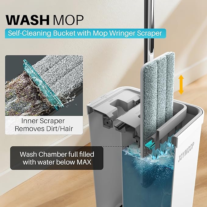 JOYMOOP Hands-Free Self-Cleaning Microfiber Mop and Bucket with Wringer Set for Home, Mops for Floor Cleaning and Wall Cleaner, Hardwood, Tile, Laminate, Vinyl Floors, Smooth Walls, and Glass Windows