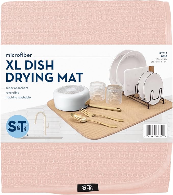 S&T INC. Dish Drying Mat XL, 18” x 24”, Absorbent Microfiber Kitchen Counter Mat, Drying Pad for Dishes, Utensils, Pots and Pans, Extra Large, Diamond Texture, Pink