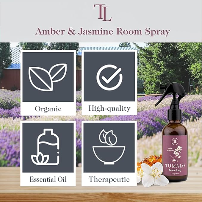 Room Spray - Sophisticated, All Natural Home Fragrance, Pure Essential Oil Air Freshener & Odor Eliminator, Refreshing Scent, Made in the USA, Amber & Jasmine, 4 oz Glass Bottle