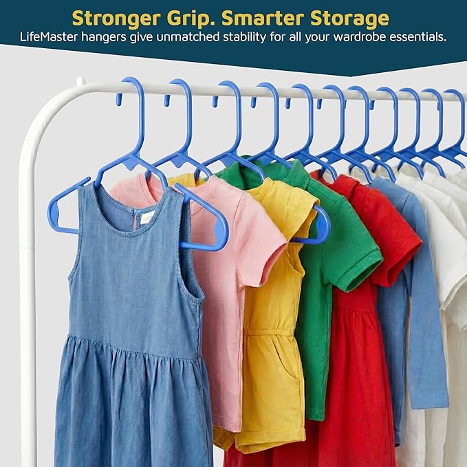 Lifemaster Plastic Kids Clothes Hangers – Children Clothes Hanger with Shoulder Notch, 11.6 Inch Space-Saving Closet Organizer for Baby, Toddler, and Kids Clothing, Hold Up to 5 lbs, Pack of 20, Blue