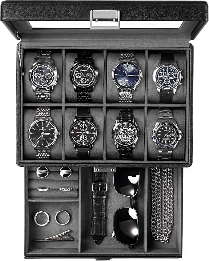 ProCase Watch Box for Men, Jewelry Organizer Box with Drawer, Display Storage Case with Glass Lid -Black, 8 Slot