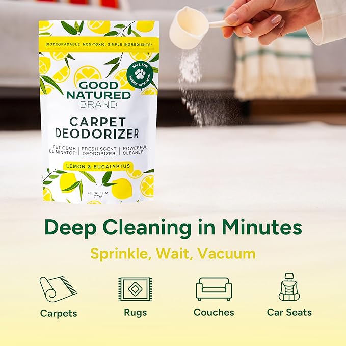 Good Natured Brand | Carpet Deodorizer & Freshener Powder | 31 oz Pet Odor Eliminator for Strong Odor & Pet Urine | Fresh Natural Lemon & Eucalyptus Scent | Safe for Homes with Pets