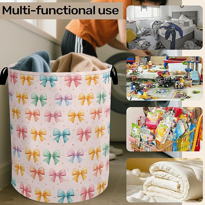 Colorful Bow Foldable Laundry Hamper - Waterproof Fabric Storage Basket with Handles, Clothes Hampers for Laundry,Bedroom,Dorm