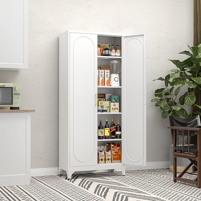 Metal Storage Cabinet with Doors, 90" Tall Kitchen Pantry Storage Cabinets with Adjustable Shelves, White Pantry Closet, Steel Large Cupboard, High Leveling Feet- Assembly Required