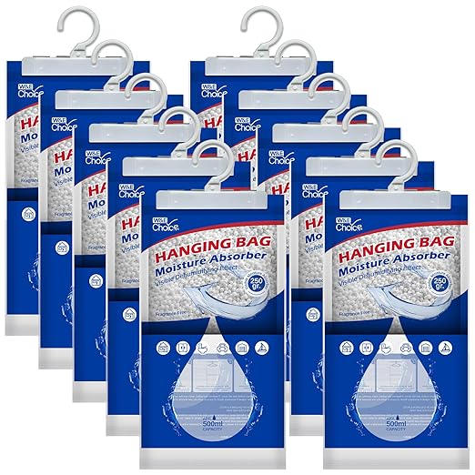 W&E Choice Moisture Absorbers Hanging Bag for Your Closet, Dehumidifier Bags for Bathroom, Fragrance Free Humidity Packs, 10 Pack