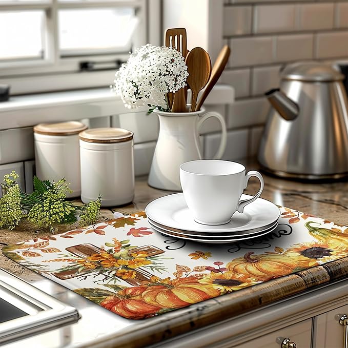 Wnoesat Fall Drying Mat for Kitchen Counter Autumn Thanksgiving Pumpkin Cross Dish Mat Sunflower Maple Leaf Absorbent Microfiber Dish Draining Mat Reusable Dishes Pad Extra Large 18"x24"