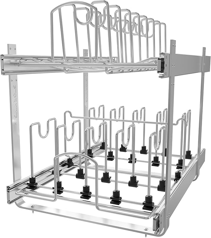 STORKING 2-Tier Kitchen Pull out Cabinet Organizer for Pots, Pans, and Lid Cookware, Adjustable Heavy Duty Wire Pan and Pot Rack, Full-Extension Rail 15" W *22" D
