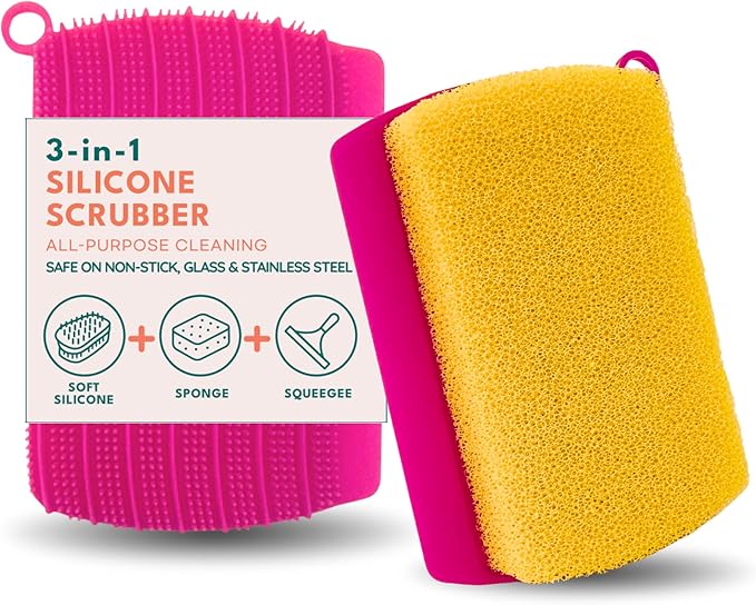 Flickly 3-in-1 Car Wash Sponge with Silicone Scrubber & Squeegee – All-in-One, Non-Scratch, Quick-Dry, Built to Last (Pink+Yellow)