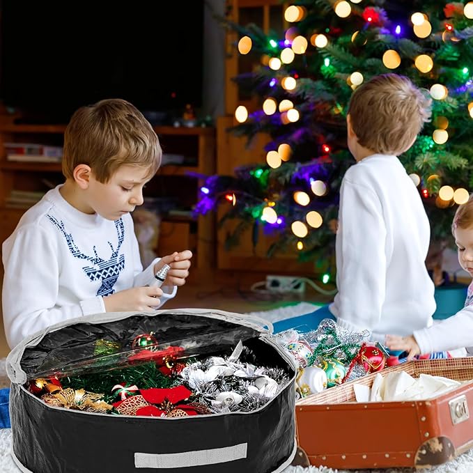 4 Pcs Christmas Wreath Storage Bag, Christmas Garland Storage Container with Clear Window, Zipper & Handle for Xmas Holiday Seasonal Wreath Garland Box(Black,30")