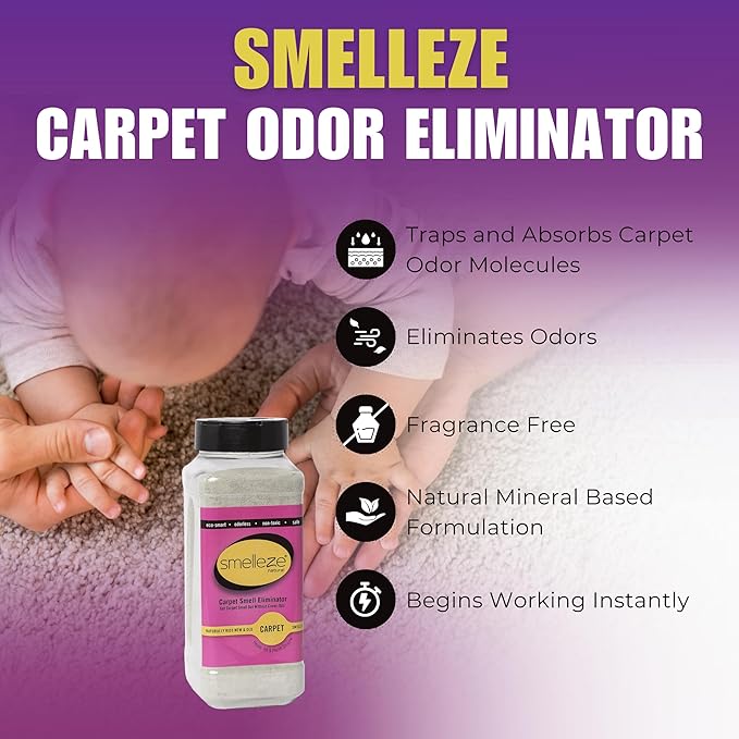 SMELLEZE Natural New Carpet Smell Deodorizer, Carpet Odor Eliminator Powder - Deodorizes All New Carpets, Rugs & Upholstery, 2 lb. Powder