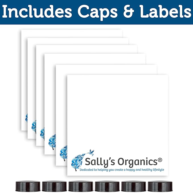 Sally's Organics Empty Amber Glass Spray Bottle - Large 16 oz Refillable Container for Essential Oils, Cleaning Products, or Aromatherapy - Black Trigger Sprayer w/Mist and Stream Settings - 6 Pack