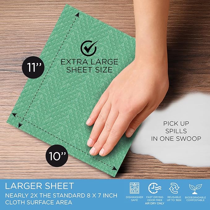 LOLA Swedish Dishcloths for Kitchen XL, 12 Sheet Roll, Biodegradable & Compostable, Reusable Paper Towel Cleaning Cloths, 11" x 10", No Odor, Washing Dishes, Ultra Absorbent Cellulose Sponge Towel