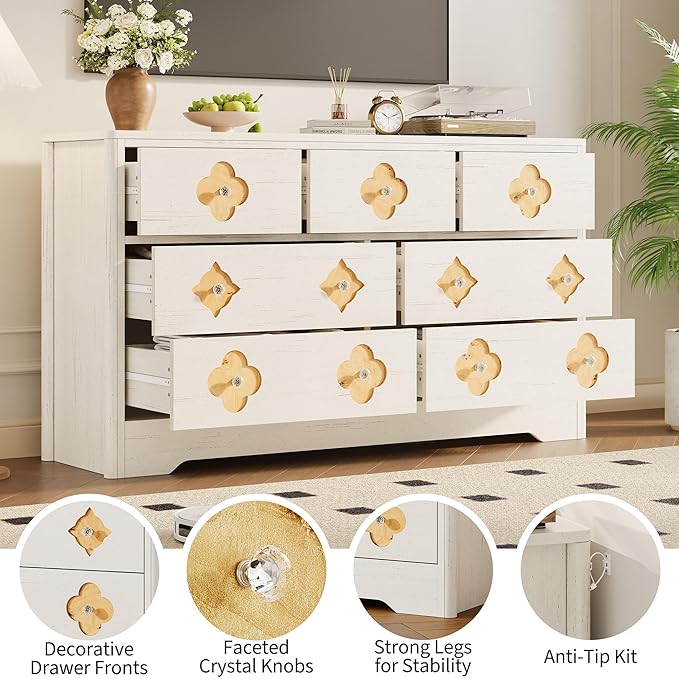 Garvee Dresser for Bedroom with 7 Decorative Front Drawers, 54'' Wide Chest of Drawers with Large Clothes Storage Cabinet, Wood Bedroom Dresser, TV Stand for Nursery, Living Room, Hallway, White