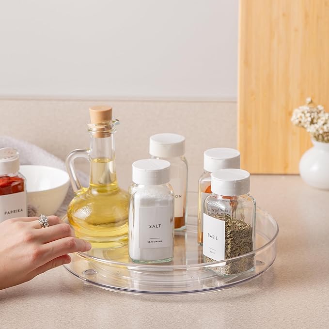 primebox 10.5" Lazy Susan Organizer. 360 Degree Rotating Turntable for Cabinets, Fridge, Pantry, Bathroom, Under Sink Organizing, Vanity, Countertops, Organizer for Spices Clear.