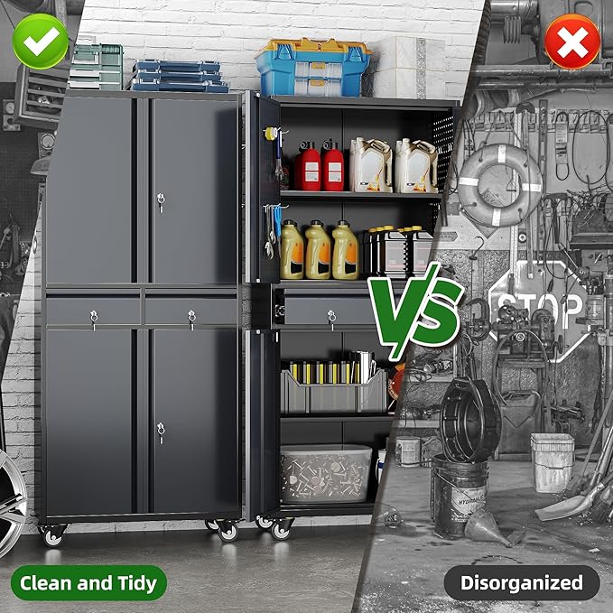 Garage Storage Cabinet with Wheels and Doors,71" H Metal Storage Cabinet with Pegboard and 2 Drawers for Garage, Warehouse,Home,Required Assembly,Black and Dark Grey
