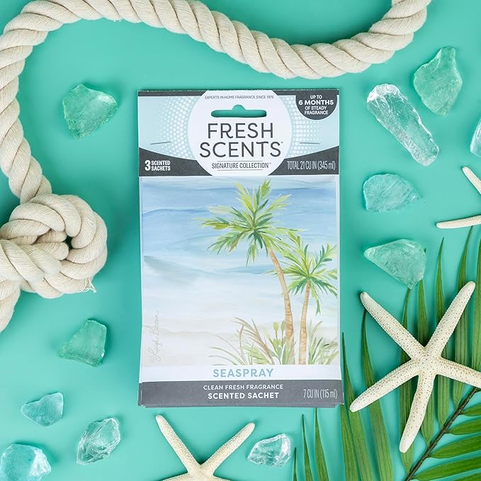 Fresh Scents Scented Sachets | Seaspray | Home Fragrance | Long Lasting (Up to 6 Months) | Air Freshener for Closets, Drawers, & Cars | 6 Pack
