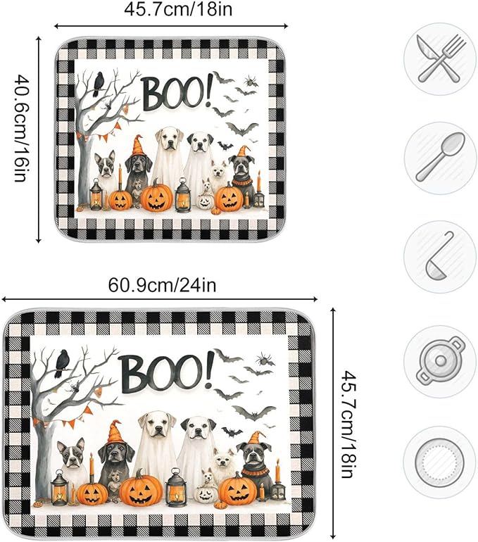 Halloween Dogs Dish Drying Mat for Kitchen Countertop 18x24 Raven Bat Pumpkin Black Buffalo Plaid Large Drying Mat Reusable Quick Dry Dish Sink Mats Easy Clean Decorative Essentials