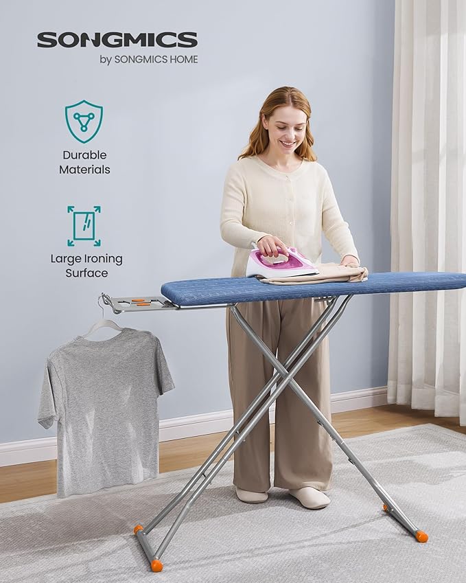 SONGMICS Ironing Board, Retractable Iron Rest, Foldable Iron Board, 43 x 13 Inches, Space-Saving, Height Adjustable, Padded with Cover, Hook, Midnight Blue ULLB003QP03S