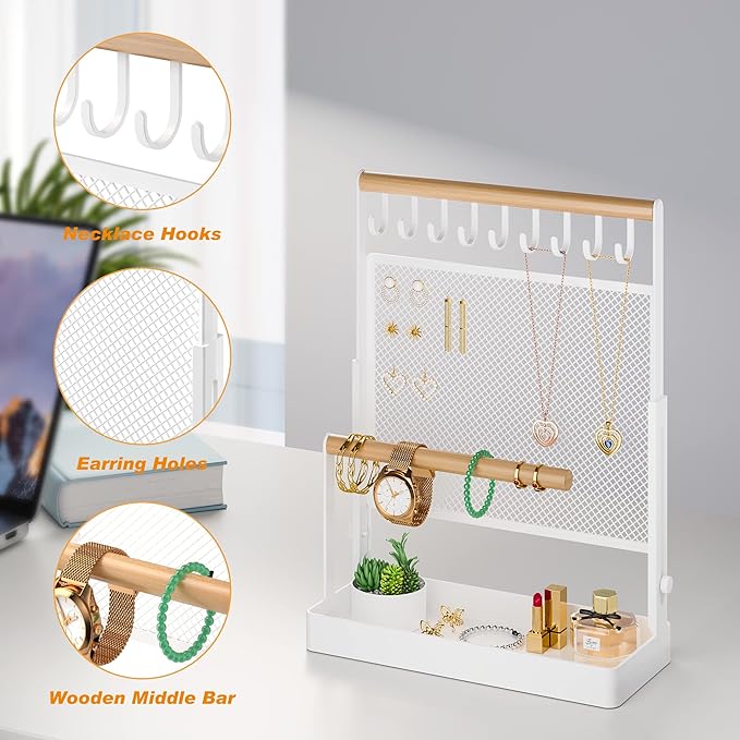 IOAIANIA Jewelry Organizer Stand, Liftable Necklace Holder with Earring Organizer Net, 9 Hooks Necklaces Storage Wooden Handing Bar for Bracelets Watches Rings (White)