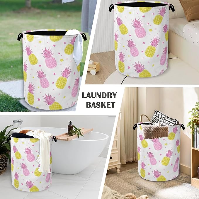 Pineapple Tropical Laundry Hamper,Dirty Clothes Laundry Basket with Handles Waterproof Oxford Cloth Storage Basket for College Dorms Bathroom Bedroom 16" x 20.8"