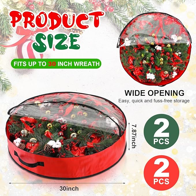 Aliceset 4 Pack Wreath Storage Containers, Christmas Ornament Garland Wreath Storage Bags with Handle Dual Zipper Large Decorative Storages Box for Winter Wreaths(30 x 30 x 7.8 Inch,Red, Green)