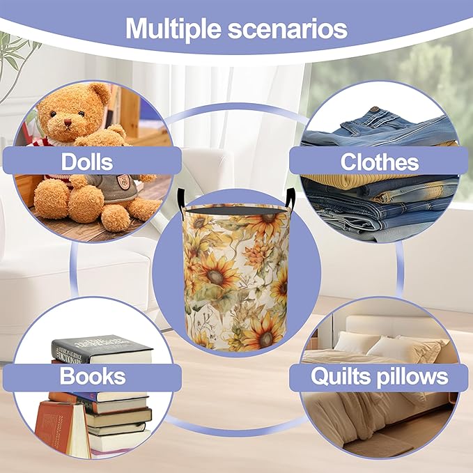 Laundry Basket, Retro Sunflower Flowers Oxford Cloth Laundry Hamper With Handle Foldable Portable Clothes Storage Basket Storage Bag For Laundry Room/Bathroom/Bedroom/Dormitories