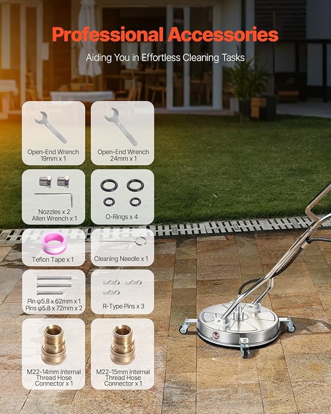 VEVOR 18" Pressure Washer Surface Cleaner, Stainless Steel Pressure Washer Attachments with 4 Wheels, 4000 Max PSI, 3/8 Quick Connector, 2 Spray Nozzles, Dual Handle, for Concrete, Patio, Sidewalk